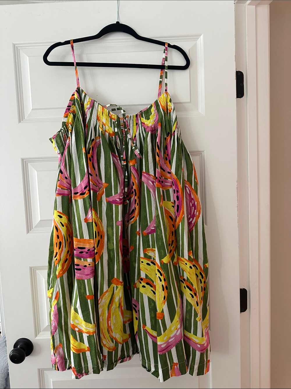 Green Striped Casual Sundress with Pink & Yellow Banana Print